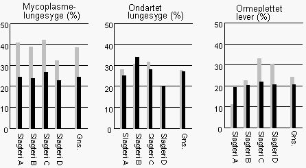 Figur 1. Mycoplasmelungesyge , ondartet lungesyge og ormeplettet lever hos slagtesvin i 1994 (lys søjle) og i 1998 (mørk søjle)