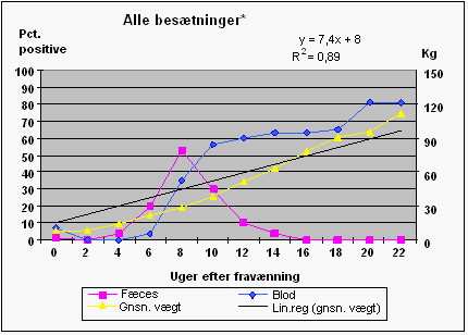 Figur 1. Udskillelse af LI i gødningen blandt grisene fra de fem besætninger, dannelse af antistoffer, gennemsnits vægt og et beregnet gennemsnit for vægten.