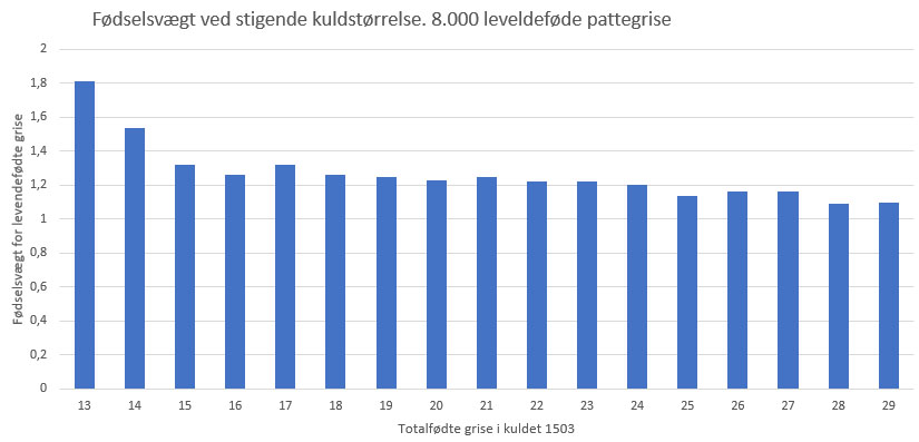 Tabel, der viser fødselsvægt ved stigende kuldstørrelse